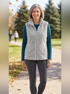 Croft & Barrow Womens XL Gray Faux Fur Fleece Full Zip Vest Sleeveless Jacket